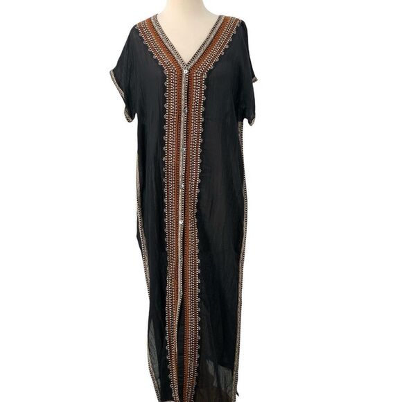 Garnet Hill Black‎ Maxi Dress Embroidered Boho Lagenlook Gauzy Organic Cotton S - Picture 1 of 8